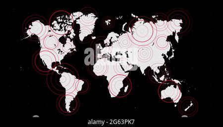 White world map with radiating red concentric circles over territories on blue background Stock Photo