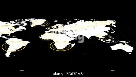 White world map with radiating yellow concentric circles over territories on black background Stock Photo