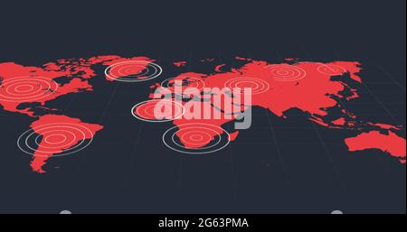 Red world map with radiating white concentric circles over territories on black background Stock Photo