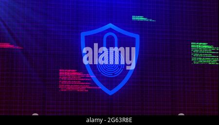 Image of digital computer interface online security blue glowing padlock icon on blue glowing ba Stock Photo
