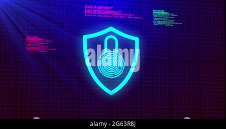 Image of digital computer interface online security blue glowing padlock icon on blue glowing ba Stock Photo