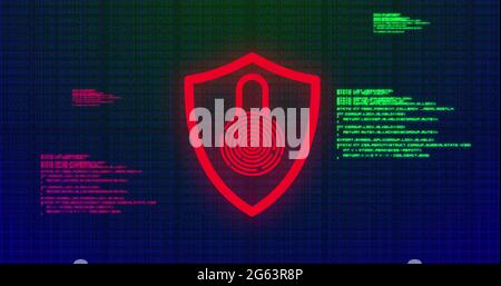 Image of digital computer interface online security red and green glowing padlock icon on blue g Stock Photo