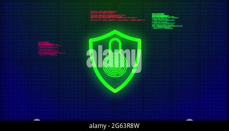 Image of digital computer interface online security red and green glowing padlock icon on blue g Stock Photo