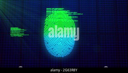 Image of digital biometric fingerprint computer interface icon on mesh black background Stock Photo