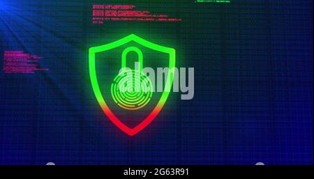 Image of digital computer interface online security red and green glowing padlock icon on blue g Stock Photo