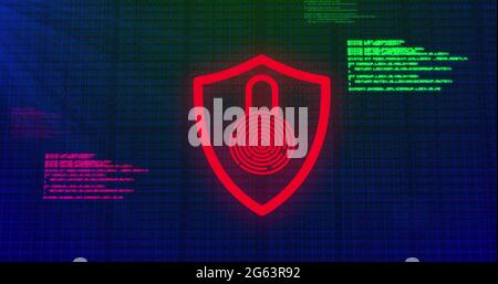 Image of digital computer interface online security red and green glowing padlock icon on blue g Stock Photo