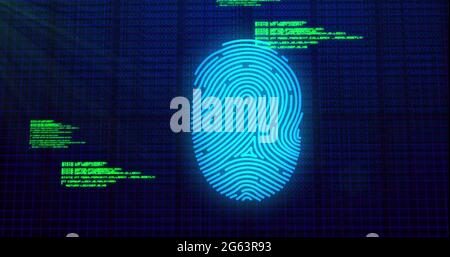 Image of digital biometric fingerprint computer interface icon on mesh black background Stock Photo