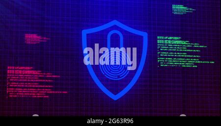 Image of digital computer interface online security blue glowing padlock icon on blue glowing ba Stock Photo