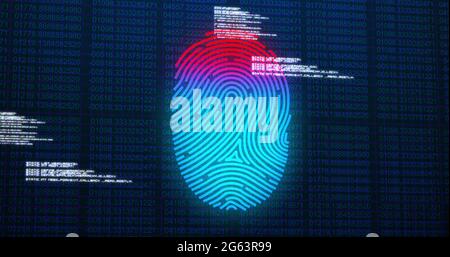 Image of digital biometric fingerprint computer interface icon on mesh black background Stock Photo