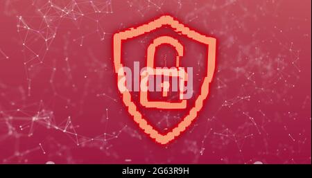 Image of digital computer interface online security red glowing padlock icon with plexus structu Stock Photo