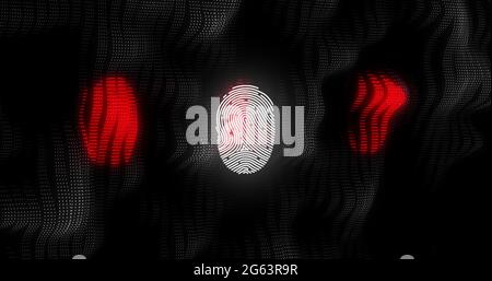 Image of digital biometric fingerprint computer interface icon on mesh black background Stock Photo