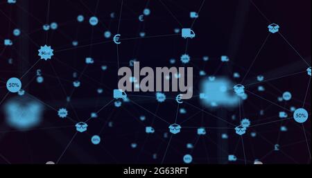 Image of digital interface and network connections with financial and online shopping blue icons Stock Photo