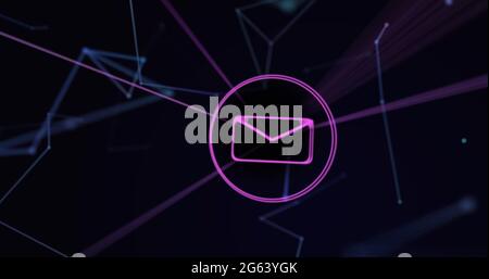 Image of pink and blue light trails on blue background Stock Photo
