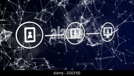 Image of three white digital computer interface icons with plexus structure on blue background Stock Photo