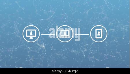 Image of three white digital computer interface icons with plexus structure on blue background Stock Photo