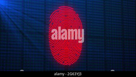 Image of digital biometric fingerprint computer interface icon on mesh black background Stock Photo