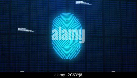 Image of digital biometric fingerprint computer interface icon on mesh black background Stock Photo