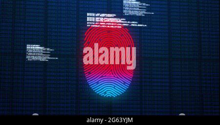 Image of digital biometric fingerprint computer interface icon on mesh black background Stock Photo