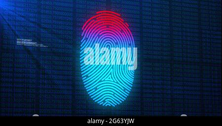 Image of digital biometric fingerprint computer interface icon on mesh black background Stock Photo