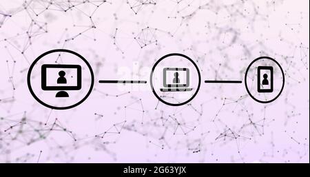 Image of three black digital computer interface icons with plexus structure in background Stock Photo