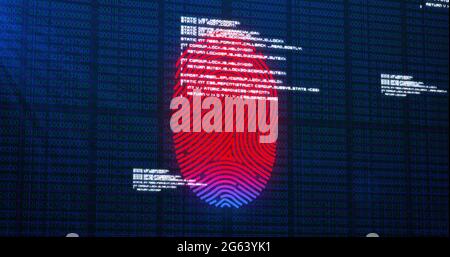 Image of digital biometric fingerprint computer interface icon on mesh black background Stock Photo