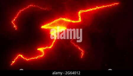 Glowing red and orange lightning bolts of electrical current and smoke moving wildly across a black Stock Photo