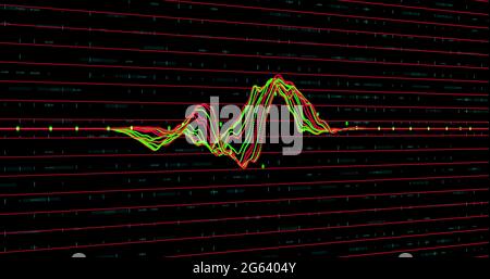 Multicolored graph and red lines against black background Stock Photo