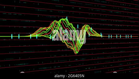 Multicolored graph and red lines against black background Stock Photo