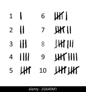 Tally marks set. Hand drawn sticks for making lists and counting. Black chalk symbols on white background. Vector illustration. Stock Vector