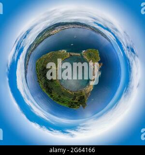 Aerial view of Azores, Portugal. Little planet panorama 360 degrees. Drone landscape in a Tiny planet image of Vila Franca Islet. Travel destination. Stock Photo