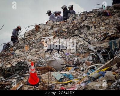 Surfside, Florida, USA. 1st July, 2021. FEMA Urban Search and Rescue workers use a cadaver dog while sifting through rubble in the collapsed Champlain Towers South condominium July 1, 2021 in Surfside, Florida. Credit: Planetpix/Alamy Live News Stock Photo