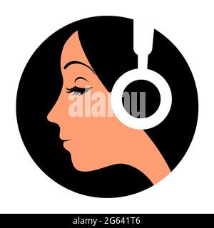 The girl listens to music with headphones. Face in profile. Vector flat round illustration on black background Stock Vector