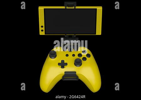 Realistic yellow joystick for playing games on a mobile phone on black background. 3D rendering of video game streaming concept Stock Photo