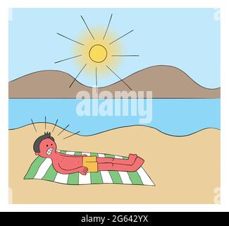 Cartoon man sunbathing on the beach for hours and when he wakes up his whole body is burnt red vector illustration. Colored and black outlines. Stock Vector