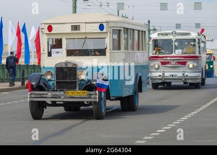 SAINT PETERSBURG, RUSSIA - MAY 25, 2019: Two old Soviet buses ZIS-8 and ZIS-127 on the annual parade of retro transport in honor of the City Day Stock Photo