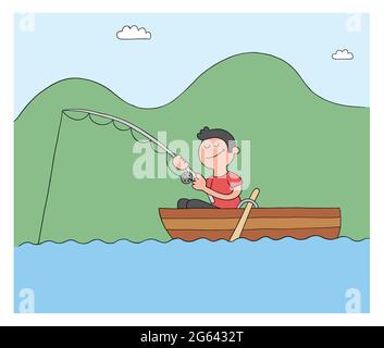 Cartoon man fishing with hook in boat, lake or sea, vector illustration. Colored and black outlines. Stock Vector