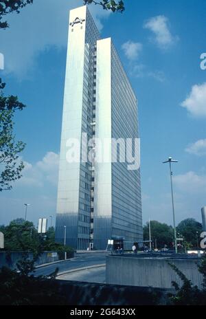 The Thyssen building in 1981 (with former company logo), Düsseldorf, North Rhine-Westphalia, Germany Stock Photo