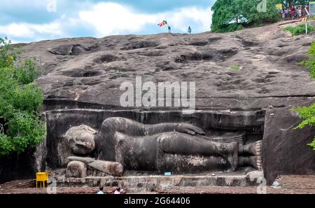 Reclining Buddha Statue at Thanthirimale Raja Maha Vihara ancient Buddhist temple, Anuradhapura district, Sri Lanka Stock Photo