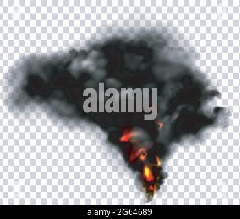 Black smoke with fire, dark fog clouds or steam trails. Stock Vector