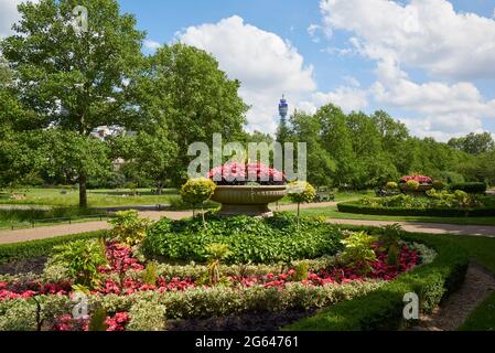 Gardens in Regent's Park, London UK, in summertime, with the BT Tower in the distance Stock Photo