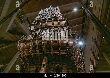 Stockholm, Sweden - 24 June, 2021: view of the ornate hand-carved stern of the Vasa warship in the Vasa Museum in Stockholm Stock Photo