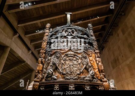 Stockholm, Sweden - 24 June, 2021: view of the ornate hand-carved stern of the Vasa warship in the Vasa Museum in Stockholm Stock Photo