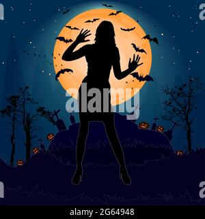 Halloween night background with woman silhouette, creepy castle, moon, cemetery cross, bats and pumpkins. Happy halloween poster. Vector illustration Stock Vector