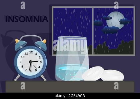 Sleep disorder or insomnia concept. Clock, glass with water and pill on dark blue sky background with rain and moon at night.Stock vector illustration Stock Vector