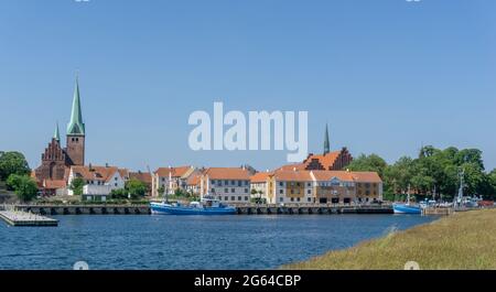 Helsingor, Denmark - 17 June 2021: cityscape of the harbor and old town of Helsingor in northern Denmark Stock Photo