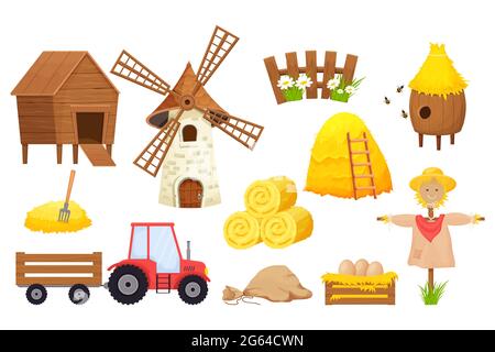 Farm set with bale of hay, scarecrow, windmill, tractor, beehive in cartoon style isolated on white background. Agriculture collection, rural elements. Vector illustration Stock Vector