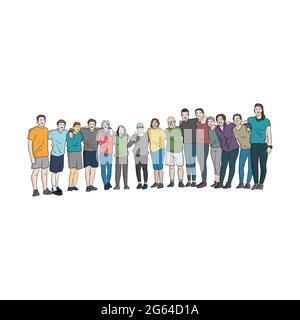 full length of fifteen people team in sportwear standing together and cuddle around necks with smile faces hand drawn with black lines illustration ve Stock Vector