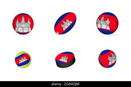 Sports equipment with flag of Cambodia. Sports icon set of Football, Rugby, Basketball, Tennis, Hockey, Cricket. Stock Vector