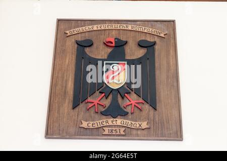 VALPARAISO, CHILE - MARCH 29, 2015: Wooden coat of arms of German squad of Valparaiso firefighters. Stock Photo