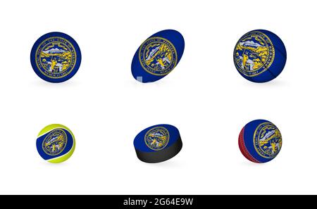 Sports equipment with flag of Nebraska. Sports icon set of Football, Rugby, Basketball, Tennis, Hockey, Cricket. Stock Vector